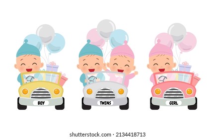 Cute baby girl and boy riding car with balloons and presents. Flat vector cartoon design