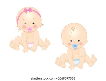 Cute baby girl and baby boy are sitting with soother isolated on white background