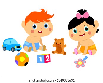 Cute Baby Girl and Boy Sitting Among Toys. Smiling Kid. Preschool Vectoral Illustration. 