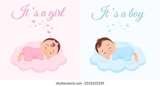 Cute baby girl and baby boy sleeping on a clouds.Gender reveal, baby shower,baby announcement. It's a boy. It's a girl.Vector Illustration 