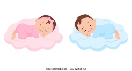 Cute baby girl and baby boy sleeping on a clouds.Gender reveal, baby shower,baby announcement. Vector Illustration isolated