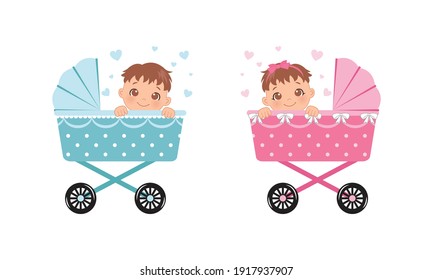 Cute baby girl and boy in a stroller. Baby gender reveal decoration. Flat vector design.
