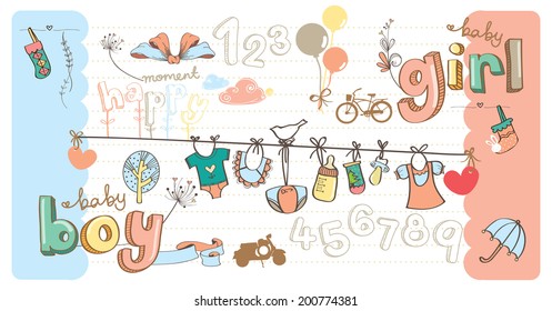 Cute Baby Girl And Boy Stuff Cartoon Drawing