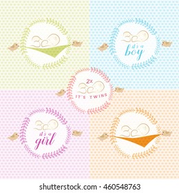 Cute Baby Girl, Boy and Twins Design Elements for Greeting and Baby Shower Invitation Cards.