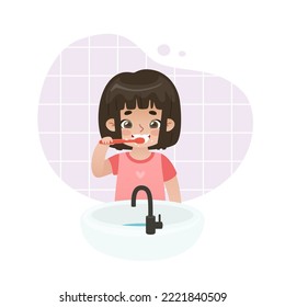 Cute baby girl brushing her teeth in the front of the sink. Kids dental hygiene illustration.