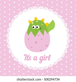 Cute baby girl card. Illustration of a cracked hen's egg with little dinosaur inside.