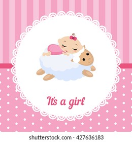 Cute baby girl card. Vector illustration of a baby sleeping on the lamb.