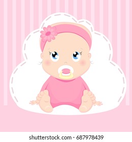 Cute baby girl card's design. Pretty sitting kid on pink background cartoon character vector illustration.