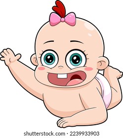 Cute Baby Girl Cartoon Character Crawling. Vector Hand Drawn Illustration Isolated On Transparent Background