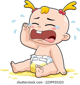 Cute Baby Girl Cartoon Character Crying. Vector Hand Drawn Illustration Isolated On Transparent Background