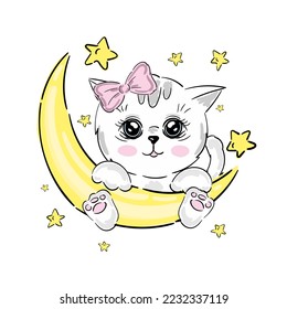 Cute baby girl cat with a bow sitting on a moon. Vector illustration for baby shower, greeting card, party invitation, fashion clothes t-shirt print.