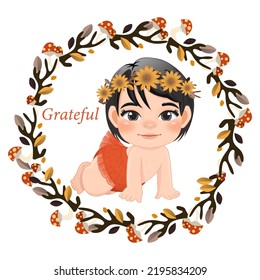 Cute baby girl crawling in colorful flat style with mushrooms on dry autumn branches. Baby shower concept in Autumn season vector