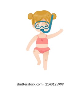 Cute baby girl dives underwater with a snorkeling mask. Adorable child are snorkeling.