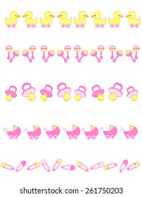 Cute baby girl divider set including  carriage, safety pins, pacifier, duck, rattle  isolated on white background.