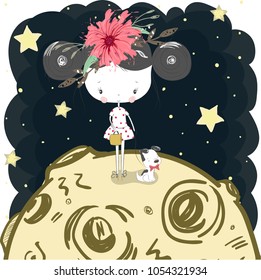 Cute baby girl with dog.cartoon hand drawn vector illustration. Can be used for baby t-shirt printing, fashion print design, baby clothes, baby shower celebration, greeting and invitation.