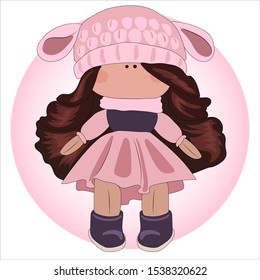 Cute baby girl doll in a beautiful pink dress and with long hair. 
Doll in a hat of a sheep. 
For your business card, t-shirt print, your logo, poster