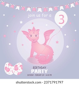 Cute baby girl dragon and dinosaur character, birthday invitation. 3 year. Vector illustration, eps 10