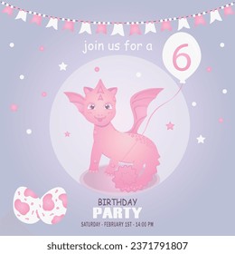Cute baby girl dragon and dinosaur character, birthday invitation. 6 year. Vector illustration, eps 10