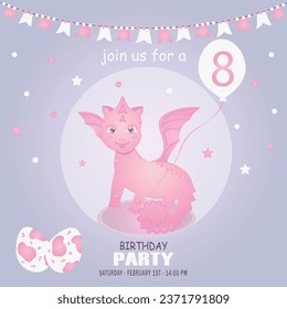 Cute baby girl dragon and dinosaur character, birthday invitation. 8 year. Vector illustration, eps 10