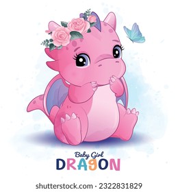 Cute Baby Girl Dragon With watercolor illustration