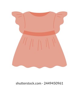 Lindo vestido de niña en color rosa. Traje de niños en estilo plano. Tema de ropa de bebé. Ilustración aislada del Vector sobre fondo blanco. 