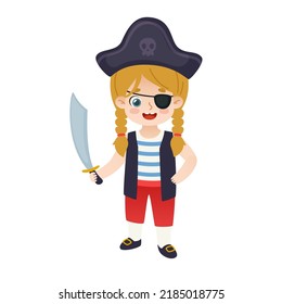 Cute baby girl dressed up like pirate. Cartoon adorable kid in halloween costume.