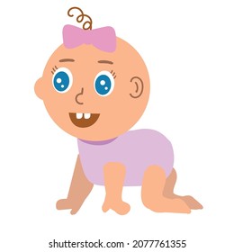 Cute baby girl dressed in pink crawling and smiling