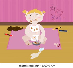 Cute baby girl eating on the floor by herself