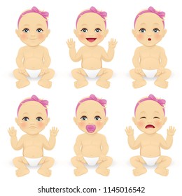 Cute baby girl emotions set vector illustration