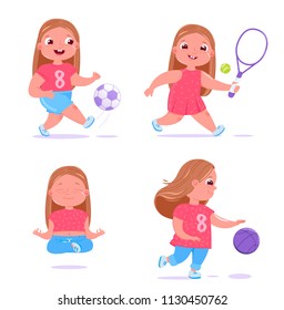 Cute baby girl is engaged in different type of sports. She plays football, basketball with ball, meditates and does yoga and also deals in tennis. Daily healthy routine.  Vector cartoon illustration