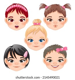 Cute Baby Girl Face Collection Cartoon Character Vector