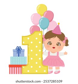 Bonito bebê menina primeiro aniversário celebração clip art