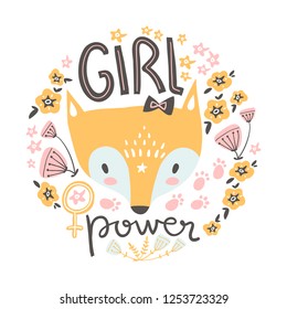 Cute  baby girl fox. Hand drawn vector illustration. For kid's or baby's shirt design, fashion print design, graphic, t-shirt,kids wear. Girl power.