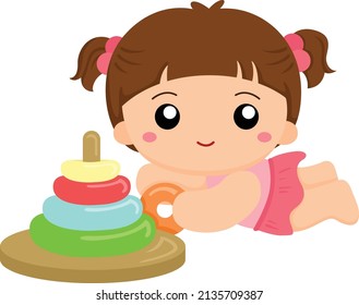 Cute Baby Girl and Her Toys Clipart Set