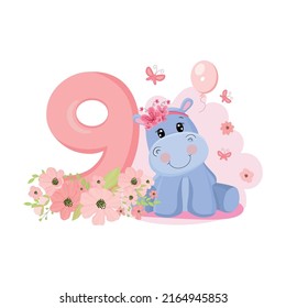 Cute baby girl hippo. Birthday invitation. Nine years, nine months. Happy birthday.	