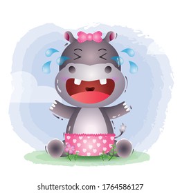 cute baby girl hippo in the children's style. cute cartoon hippopotamus vector illustration