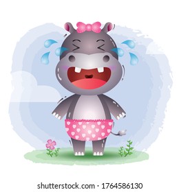 cute baby girl hippo in the children's style. cute cartoon hippopotamus vector illustration