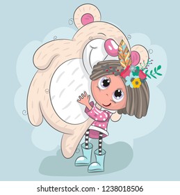 Cute baby girl holding bear cartoon hand drawn vector illustration. Can be used for baby t-shirt print, fashion print design, children wear, baby shower celebration, greeting and invitation card.