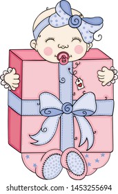Cute baby girl holding a big gift box

