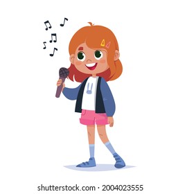 Cute Baby Girl Holding A Microphone And Singing A Song. Singer Cartoon Girl Schoolgirl. Girl Teenager Sings In Karaoke And Is Shy. Vector Illustration Of A Singing Girl Isolate