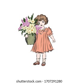 Cute baby girl holding vase with bouquet of wildflowers. Lady in vintage style from the nineteenth century. Drawing for design of greeting card happy mother's day, happy birthday or women's day. 
