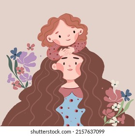 Cute baby girl hugging her beautiful mom with flowers. Isolated illustration