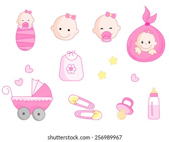 Cute baby girl icon collection including baby face, bib, carriage, safety pins, pacifier, feeding bottle isolated on white background.