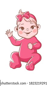 Cute baby girl. Infant blond smiling toddler in pink clothes and ribbon sitting and waving hand. Happy newborn child vector illustration isolated on white background