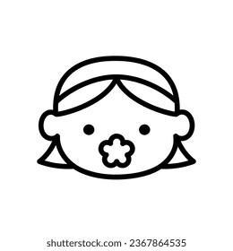 Cute baby girl in the line style. Kids concept. Cute baby girl with ponytails and flower-shaped pacifier. Vector illustration in doodle style