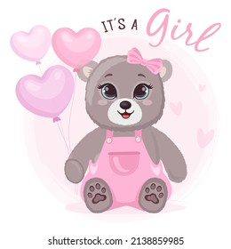 Cute baby girl little bear with balloon hearts. Funny teddy bear on pink background. It's a girl. Baby shower party.