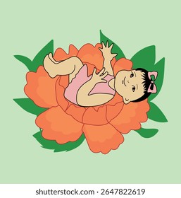 Cute baby girl lying in a blooming orange flower, floral newborn concept illustration, nursery art, baby shower design, children's product packaging, whimsical baby-themed decor, greeting cards
