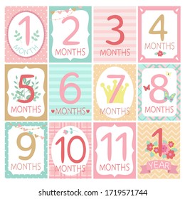 Cute baby girl months milestone cards. First yeat baby age stickers. Vector illustration.