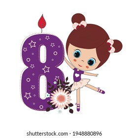 Cute baby girl with number eight. Vector illustration for baby shower, greeting card, party invitation, fashion clothes t-shirt print. Happy Birthday concept