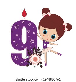 Cute baby girl with number nine. Vector illustration for baby shower, greeting card, party invitation, fashion clothes t-shirt print. Happy Birthday concept